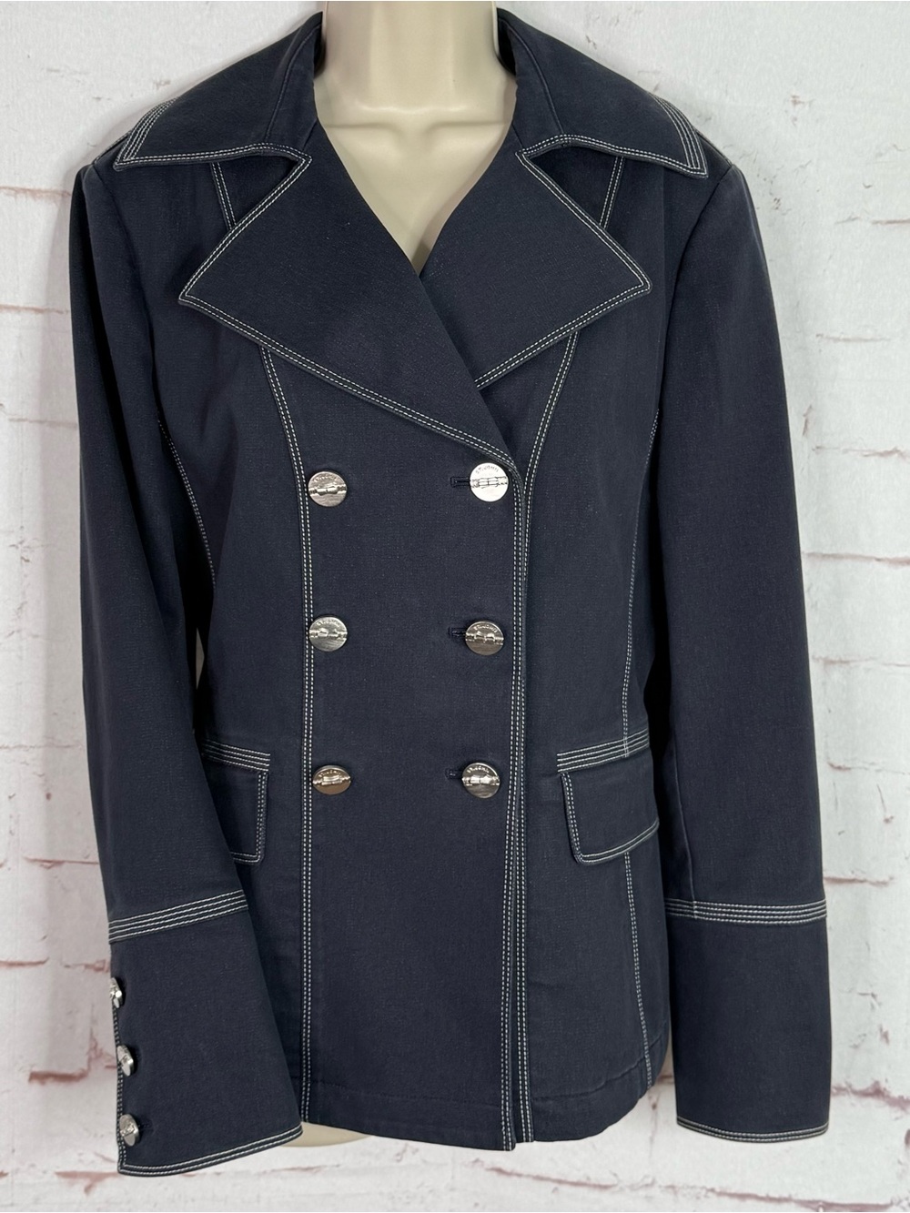 ST. JOHN Sport M Nautical Double Breasted Navy Cotton Blend Blazer Silver Button - Picture 15 of 15